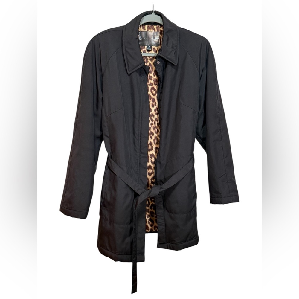 Gallery Black Trench Coat with Leopard Print Lining Size Medium